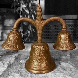 Hand Ornate Embossed Cast Iron Brass Triple Temple Meditation Bell
